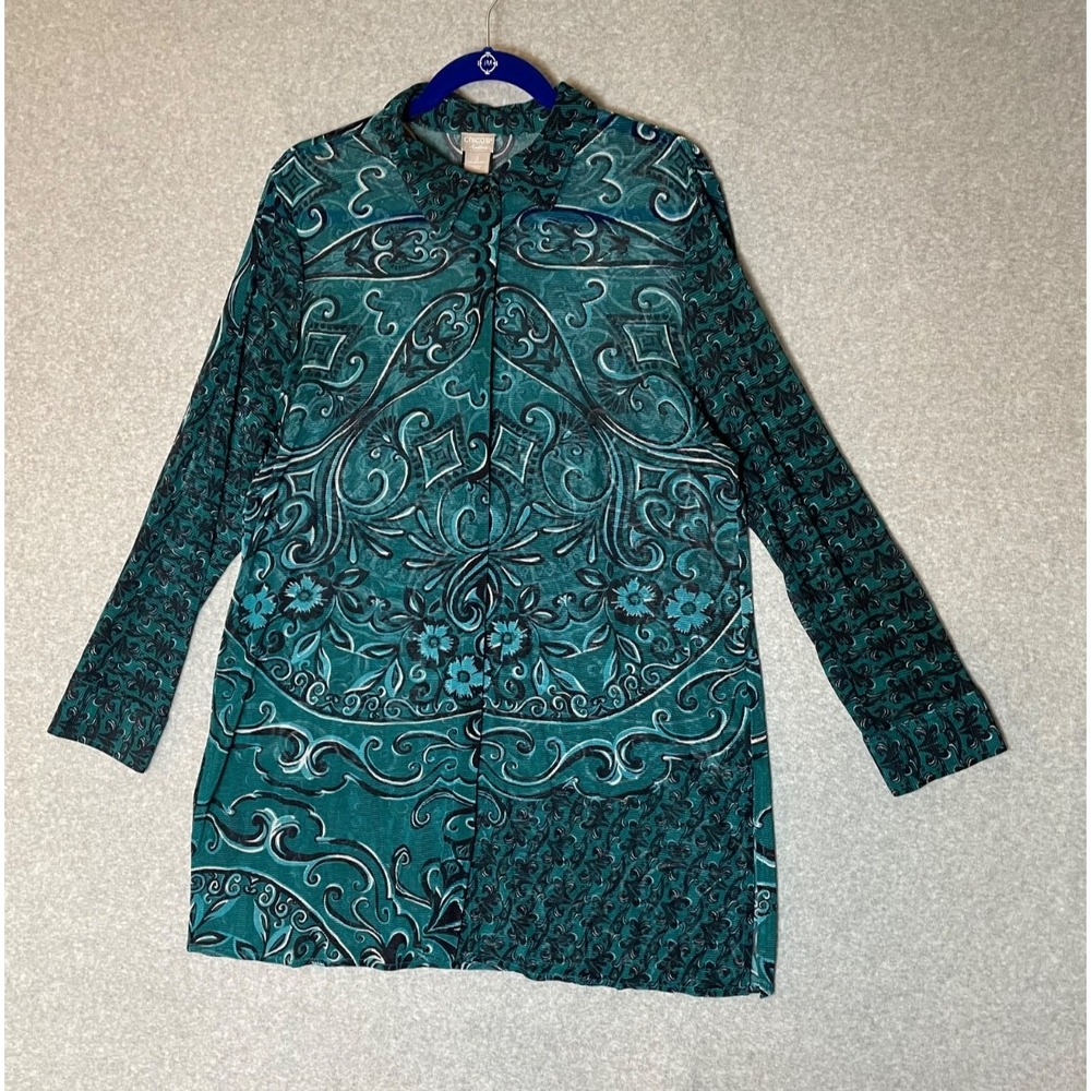 Karen‎ Kane Sheer Tunic Top Womens Size 12/14 Green Floral Button Up Longsleeve